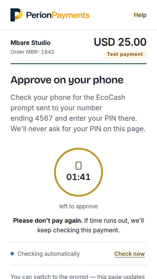 The same checkout after Pay: Approve on your phone, with the EcoCash prompt sent to the number ending 4567, a countdown, and Please don’t pay again.