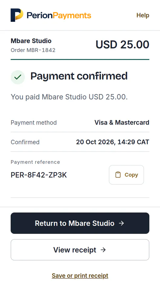 Back from the card page: Payment confirmed. You paid Mbare Studio USD 25.00 by Visa & Mastercard, with a payment reference and a button back to Mbare Studio.