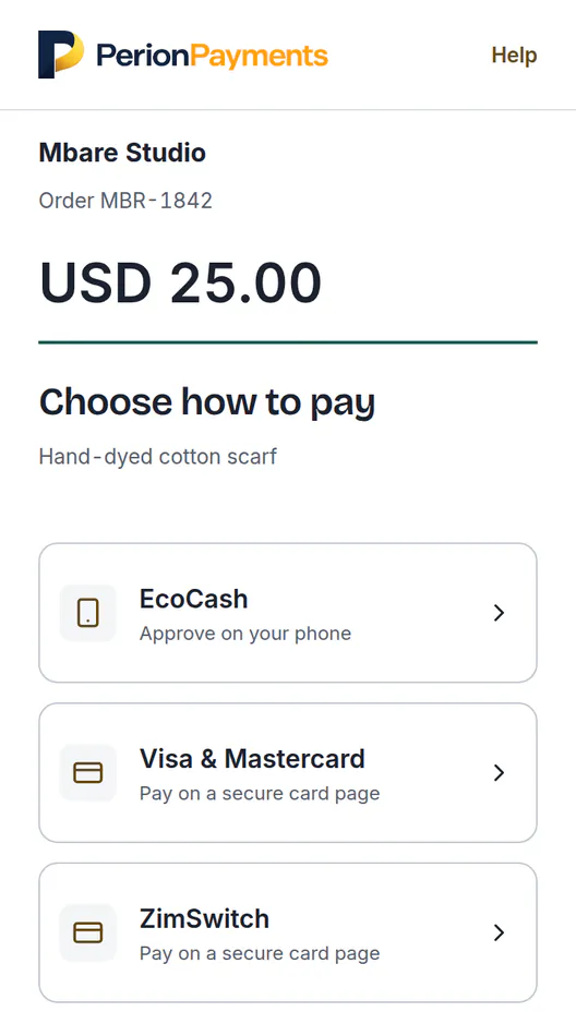 Hosted checkout on a phone for Mbare Studio, USD 25.00, offering EcoCash, Visa & Mastercard and ZimSwitch.