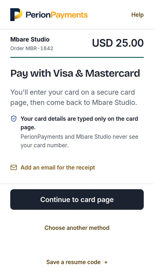 After choosing Visa & Mastercard: the card is typed only on the card page, which PerionPayments and Mbare Studio never see, with Continue to card page.