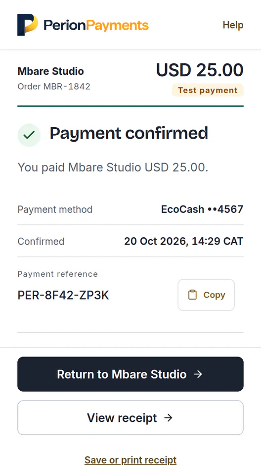 The same checkout once paid: Payment confirmed. You paid Mbare Studio USD 25.00 by EcoCash, with a payment reference and a button back to Mbare Studio.