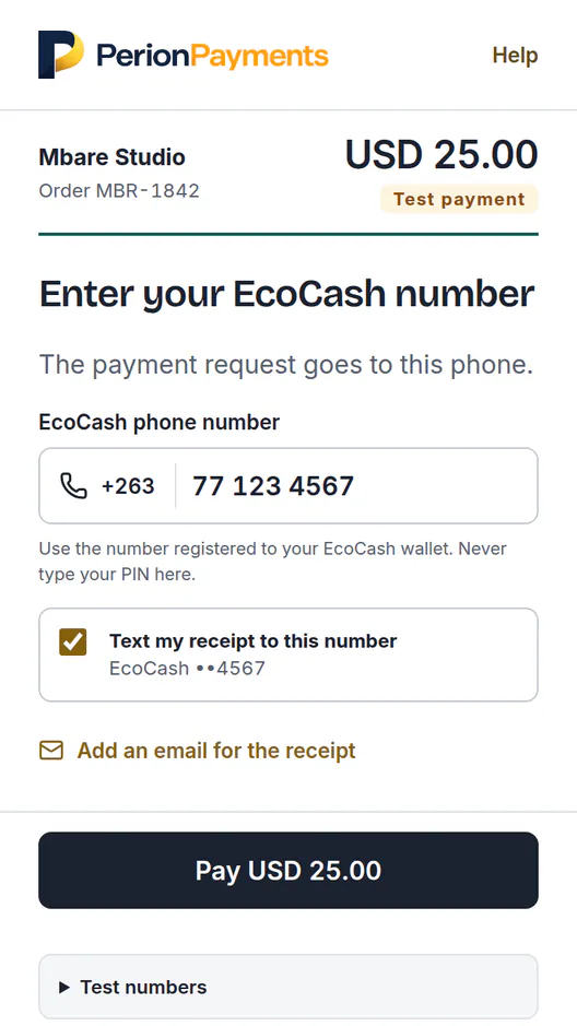 Hosted checkout on a phone for Mbare Studio, USD 25.00, marked Test payment. It asks for the customer’s EcoCash number, then shows Pay USD 25.00.