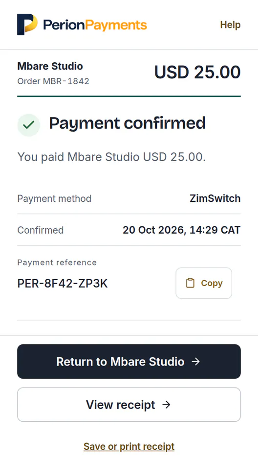 Back from the card page: Payment confirmed. You paid Mbare Studio USD 25.00 by ZimSwitch, with a payment reference and a button back to Mbare Studio.