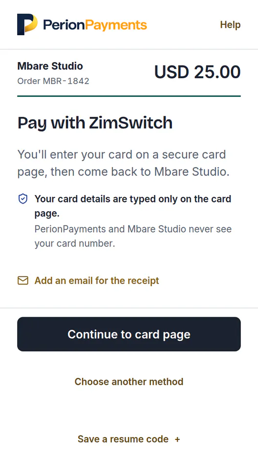After choosing ZimSwitch: the card is typed only on the card page, which PerionPayments and Mbare Studio never see, with Continue to card page.