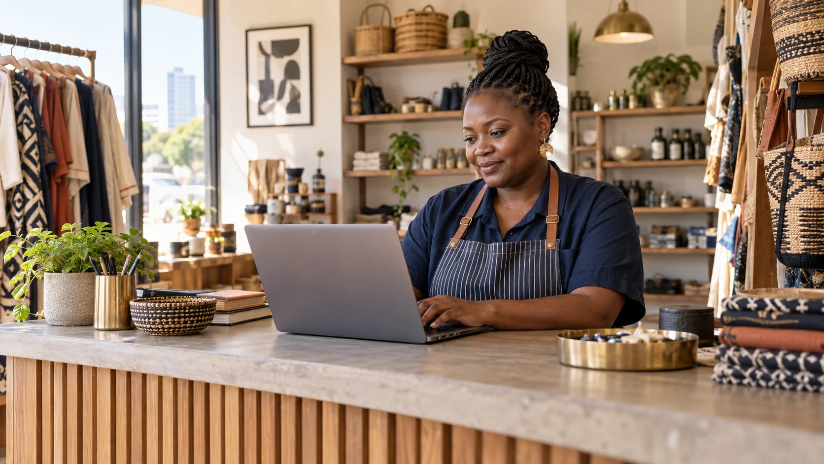 Illustrative scene of a merchant using a laptop in her shop
