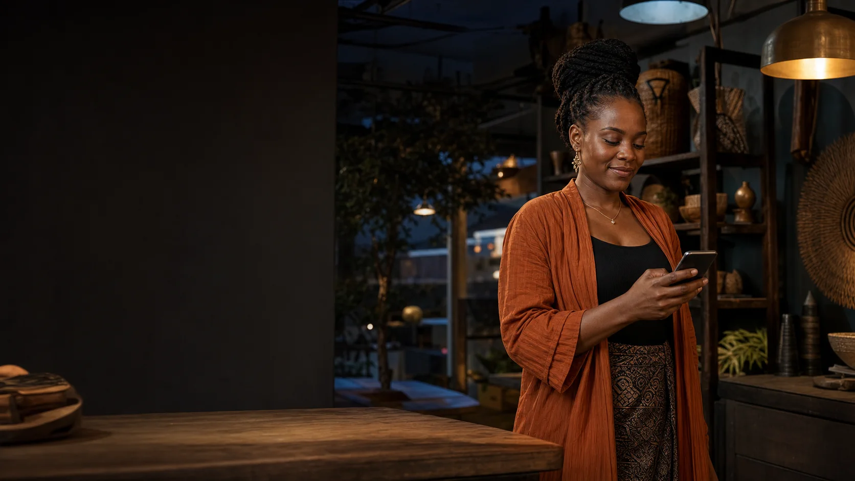 A Zimbabwean merchant calmly reviewing a digital payment in her shop at dusk